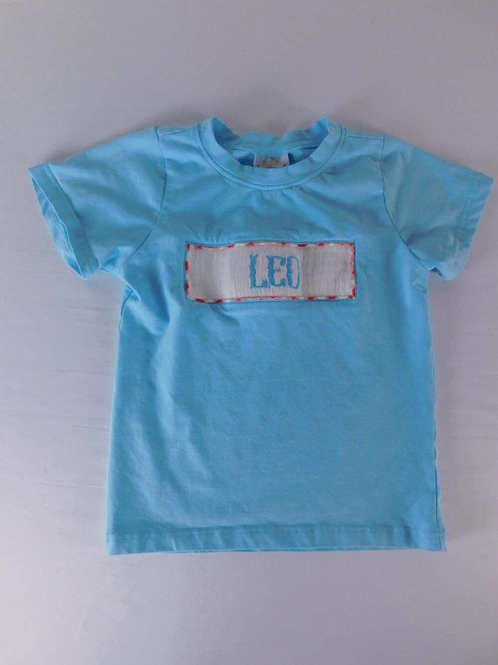 Busy Bee Smocks Shirt Kids 4T Blue LEO Name Patch Short Sleeve Graphic